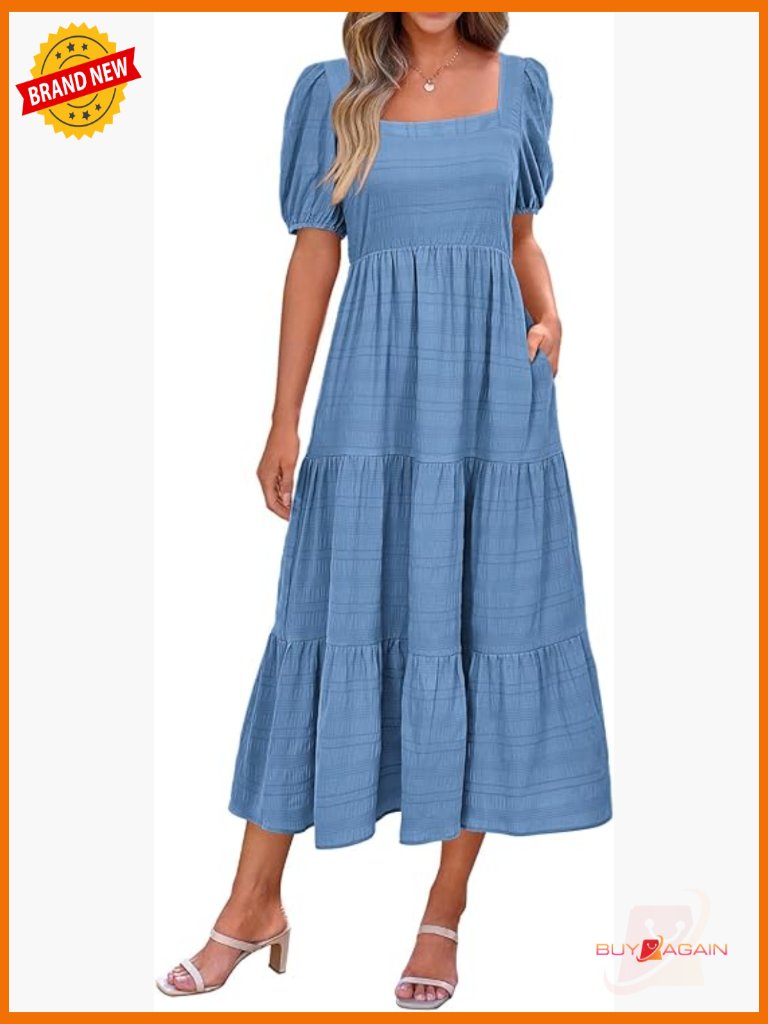 Puff Sleeve Square Neck Smocked A-Line Midi Dress Size S-Xxl